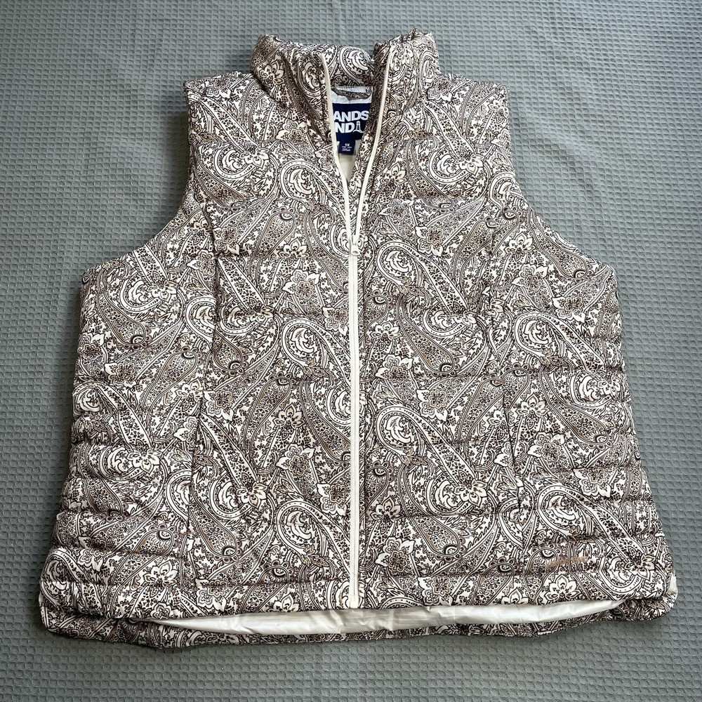 Lands End Down Puffer Vest 1X 16W-18W Womens Tan Brown Paisley